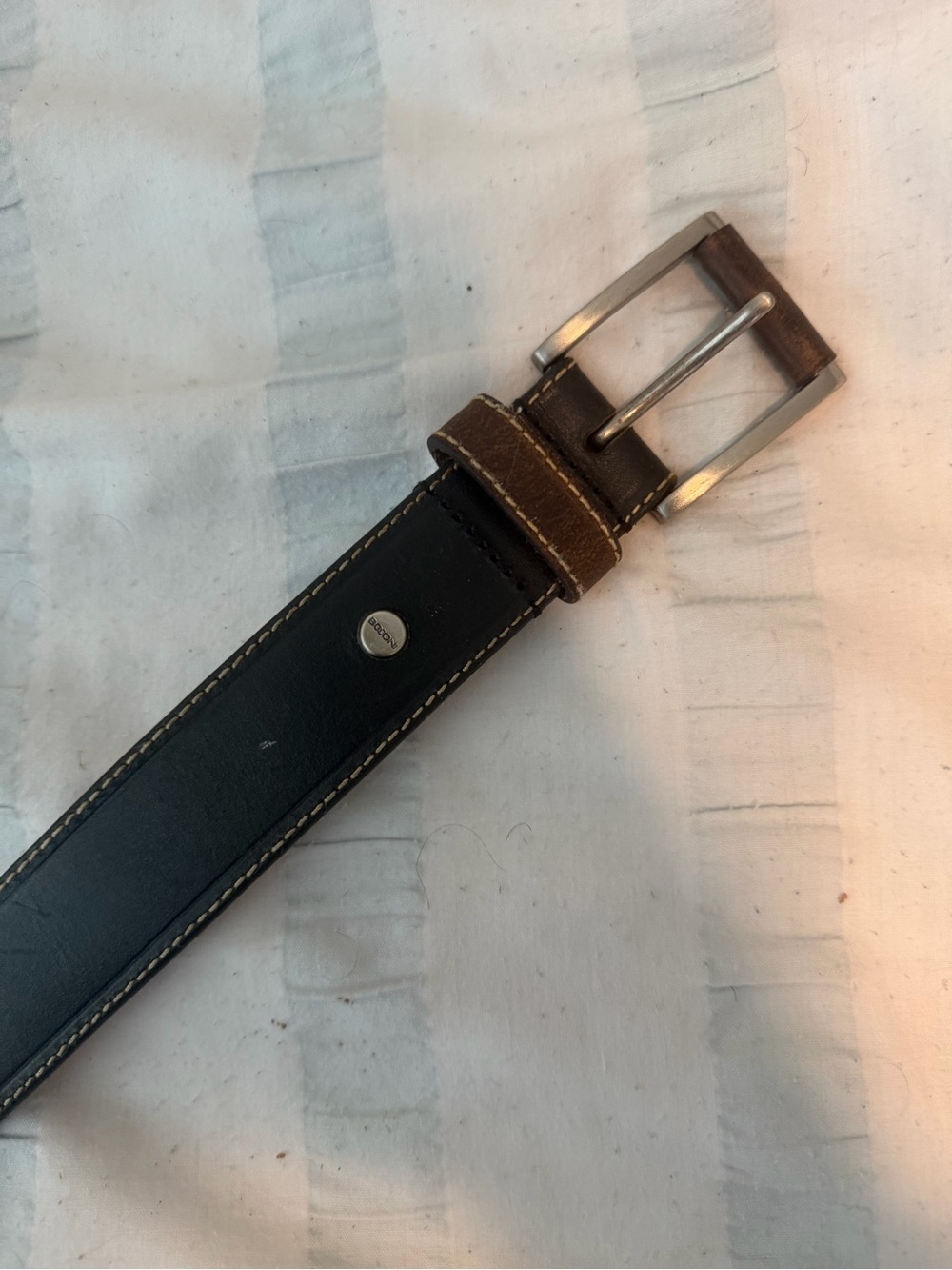 Boconi Black Leather Belt with Brown Keeper and Silver Buckle
